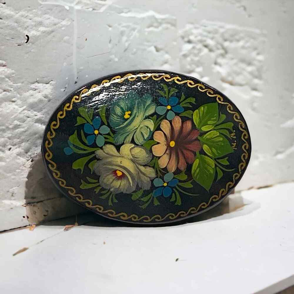 Russian Brooch Hand Painted Antique Rose Black Blue Flowers Floral Pin